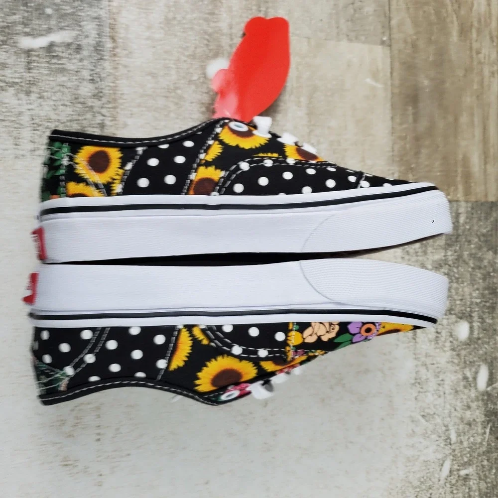 Vans Authentic Kids Shoes Sz 12 Black Yellow Sunflower Patchwork Print Sneakers